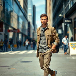 A man walking confidently down a city street, dressed in stylish urban attire