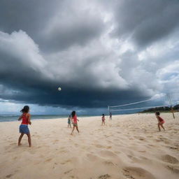 A lively scene of children immersed in a volleyball game on a beautiful beach, while in the backdrop the ominous swirling clouds of a typhoon connote a sense of suspense and drama.