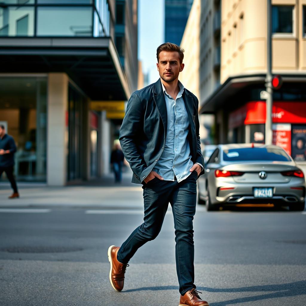 A man walking confidently down a city street, dressed in stylish urban attire