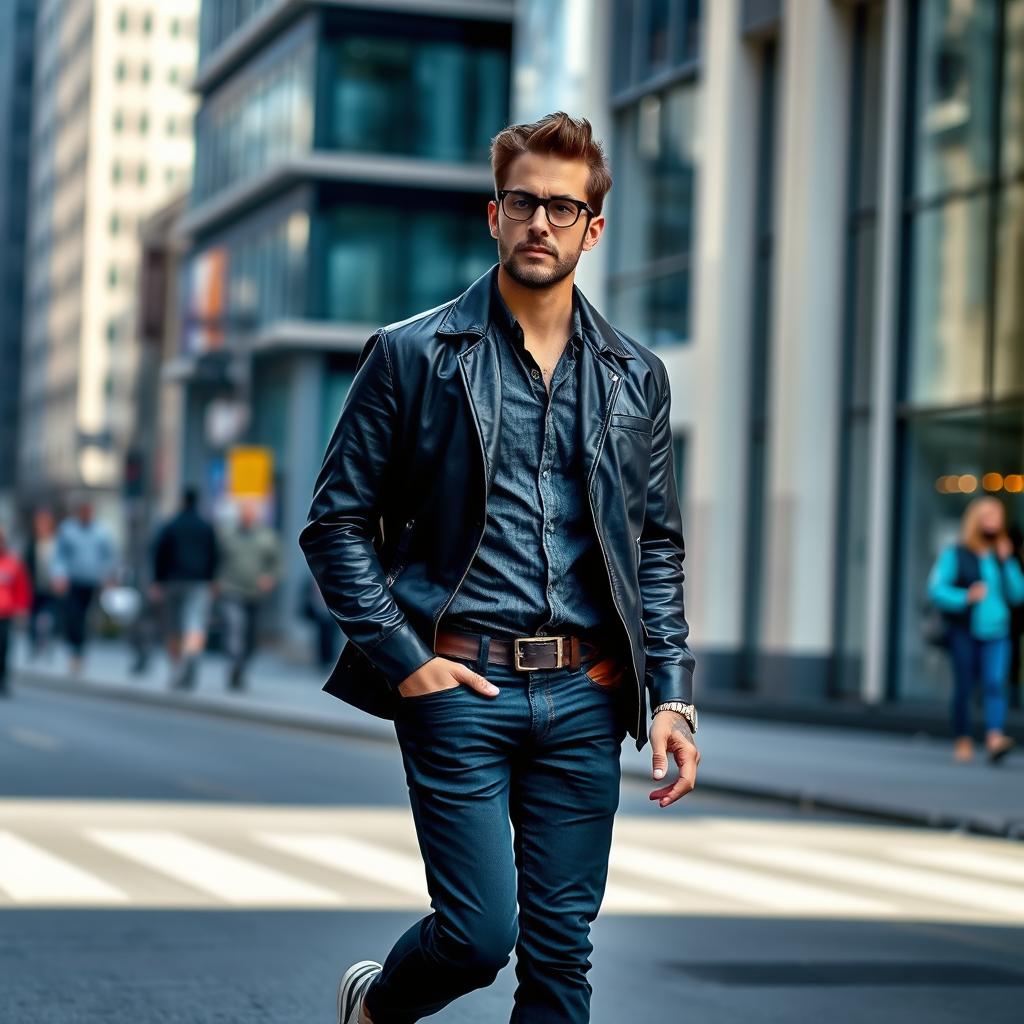 A man walking confidently down a city street, dressed in stylish urban attire