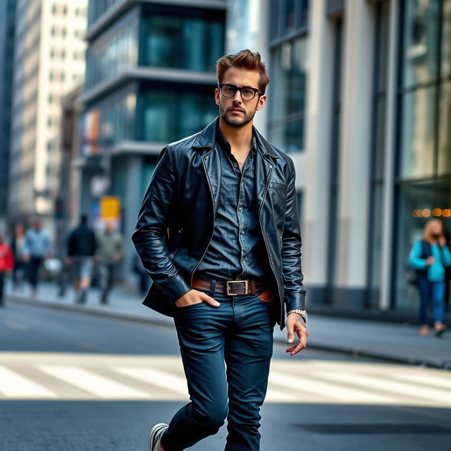 A man walking confidently down a city street, dressed in stylish urban attire