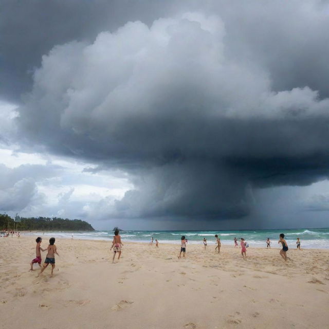 A lively scene of children immersed in a volleyball game on a beautiful beach, while in the backdrop the ominous swirling clouds of a typhoon connote a sense of suspense and drama.