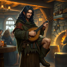 A rugged male half-elf bard with long, wavy dark hair, sitting on a wooden stool in a cozy tavern, wearing a tattered cloak adorned with colorful patches