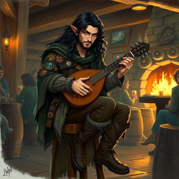 A rugged male half-elf bard with long, wavy dark hair, sitting on a wooden stool in a cozy tavern, wearing a tattered cloak adorned with colorful patches