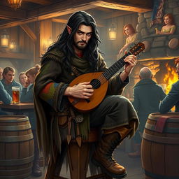 A rugged male half-elf bard with long, wavy dark hair, sitting on a wooden stool in a cozy tavern, wearing a tattered cloak adorned with colorful patches