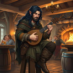 A rugged male half-elf bard with long, wavy dark hair, sitting on a wooden stool in a cozy tavern, wearing a tattered cloak adorned with colorful patches