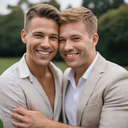 An elegant and respectful portrait of two gay men, one with tan skin and the other with fair skin, smiling together in a warm, loving embrace.