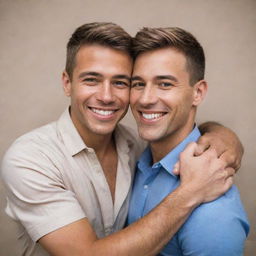 An elegant and respectful portrait of two gay men, one with tan skin and the other with fair skin, smiling together in a warm, loving embrace.