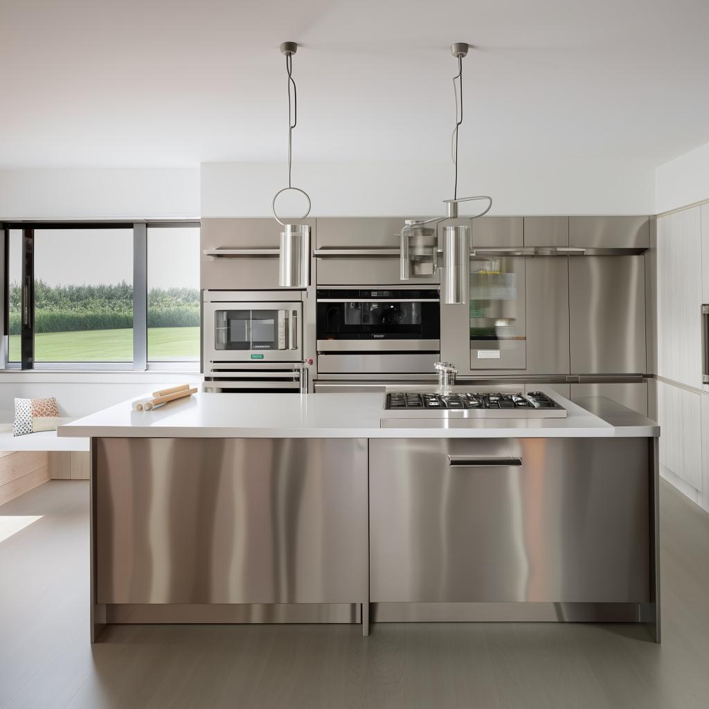 A contemporary modular kitchen featuring stainless steel appliances, compact storage solutions, and a sizable island in the center.