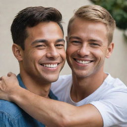 An elegant and respectful portrait of two gay men, one with tan skin and the other with fair skin, smiling together in a warm, loving embrace.