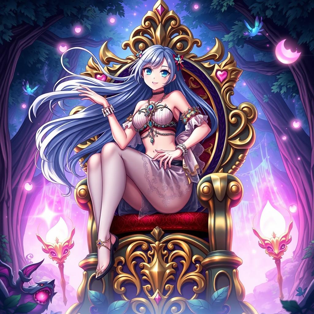 A striking, dynamic image of an anime-style woman with long flowing hair, vibrant blue eyes, and a playful expression, riding a large, beautifully detailed ornate throne in a fantasy setting