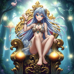 A striking, dynamic image of an anime-style woman with long flowing hair, vibrant blue eyes, and a playful expression, riding a large, beautifully detailed ornate throne in a fantasy setting