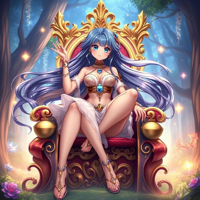 A striking, dynamic image of an anime-style woman with long flowing hair, vibrant blue eyes, and a playful expression, riding a large, beautifully detailed ornate throne in a fantasy setting