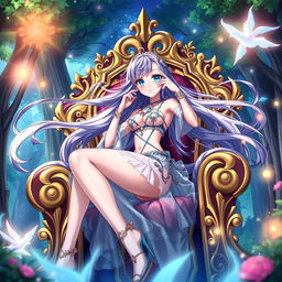 A striking, dynamic image of an anime-style woman with long flowing hair, vibrant blue eyes, and a playful expression, riding a large, beautifully detailed ornate throne in a fantasy setting