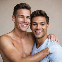 An elegant and respectful portrait of two gay men, one with tan skin and the other with fair skin, smiling together in a warm, loving embrace.