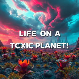 A visually striking YouTube thumbnail depicting life on a planet with a toxic atmosphere