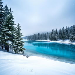 A beautiful, crystal-clear frozen lake surrounded by pine trees, under a snowstorm with a cloudy sky