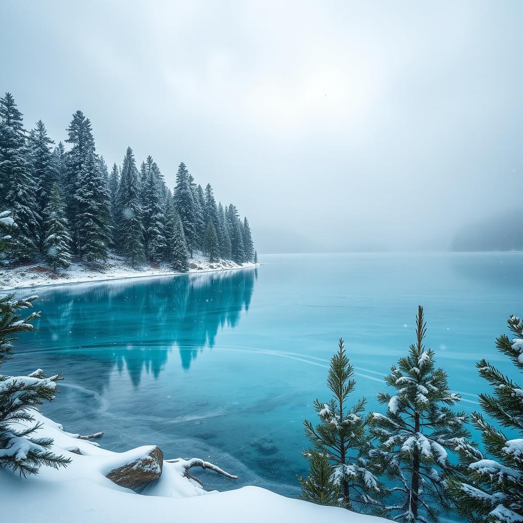 A beautiful, crystal-clear frozen lake surrounded by pine trees, under a snowstorm with a cloudy sky