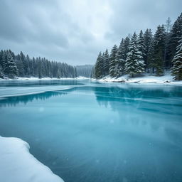 A beautiful, crystal-clear frozen lake surrounded by pine trees, under a snowstorm with a cloudy sky