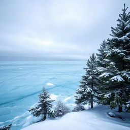 A beautiful, crystal-clear frozen lake surrounded by pine trees, under a snowstorm with a cloudy sky