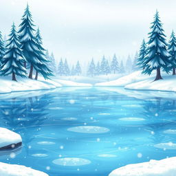 A stunning, animated-style illustration of a crystal-clear frozen lake, featuring a backdrop of majestic pine trees