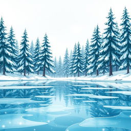 A stunning, animated-style illustration of a crystal-clear frozen lake, featuring a backdrop of majestic pine trees