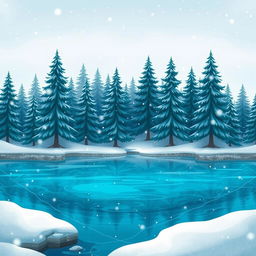 A stunning, animated-style illustration of a crystal-clear frozen lake, featuring a backdrop of majestic pine trees