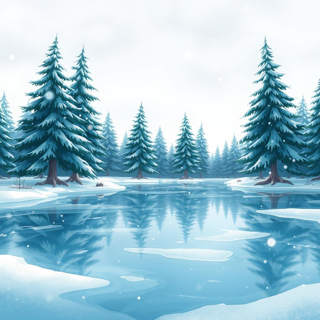 A stunning, animated-style illustration of a crystal-clear frozen lake, featuring a backdrop of majestic pine trees