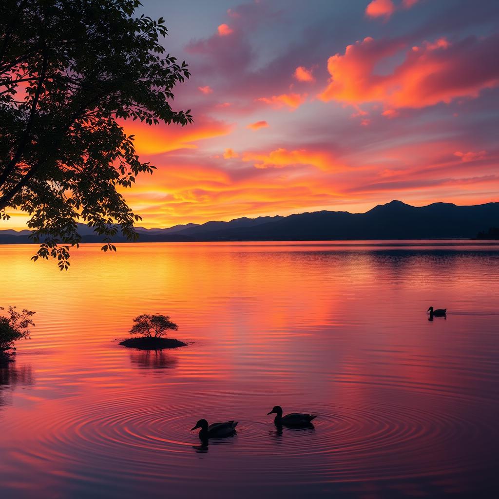 A beautiful sunset over a serene lake, with vibrant orange and pink clouds reflecting on the water's surface