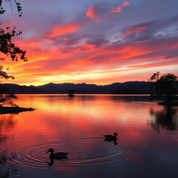 A beautiful sunset over a serene lake, with vibrant orange and pink clouds reflecting on the water's surface