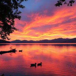 A beautiful sunset over a serene lake, with vibrant orange and pink clouds reflecting on the water's surface