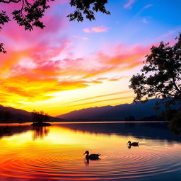 A beautiful sunset over a serene lake, with vibrant orange and pink clouds reflecting on the water's surface