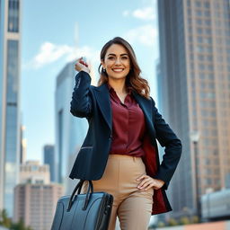 A powerful, confident woman in a sophisticated city setting, dressed in a stylish business outfit, holding a briefcase, with a skyline of tall skyscrapers in the background