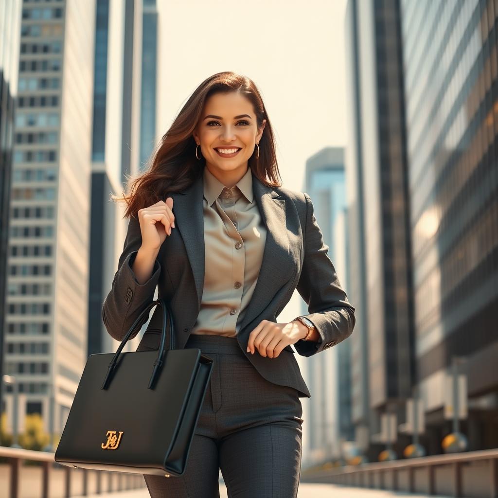 A powerful, confident woman in a sophisticated city setting, dressed in a stylish business outfit, holding a briefcase, with a skyline of tall skyscrapers in the background