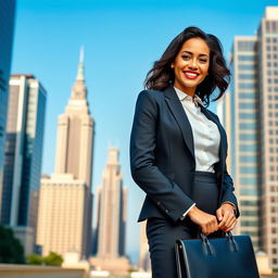 A powerful, confident woman in a sophisticated city setting, dressed in a stylish business outfit, holding a briefcase, with a skyline of tall skyscrapers in the background