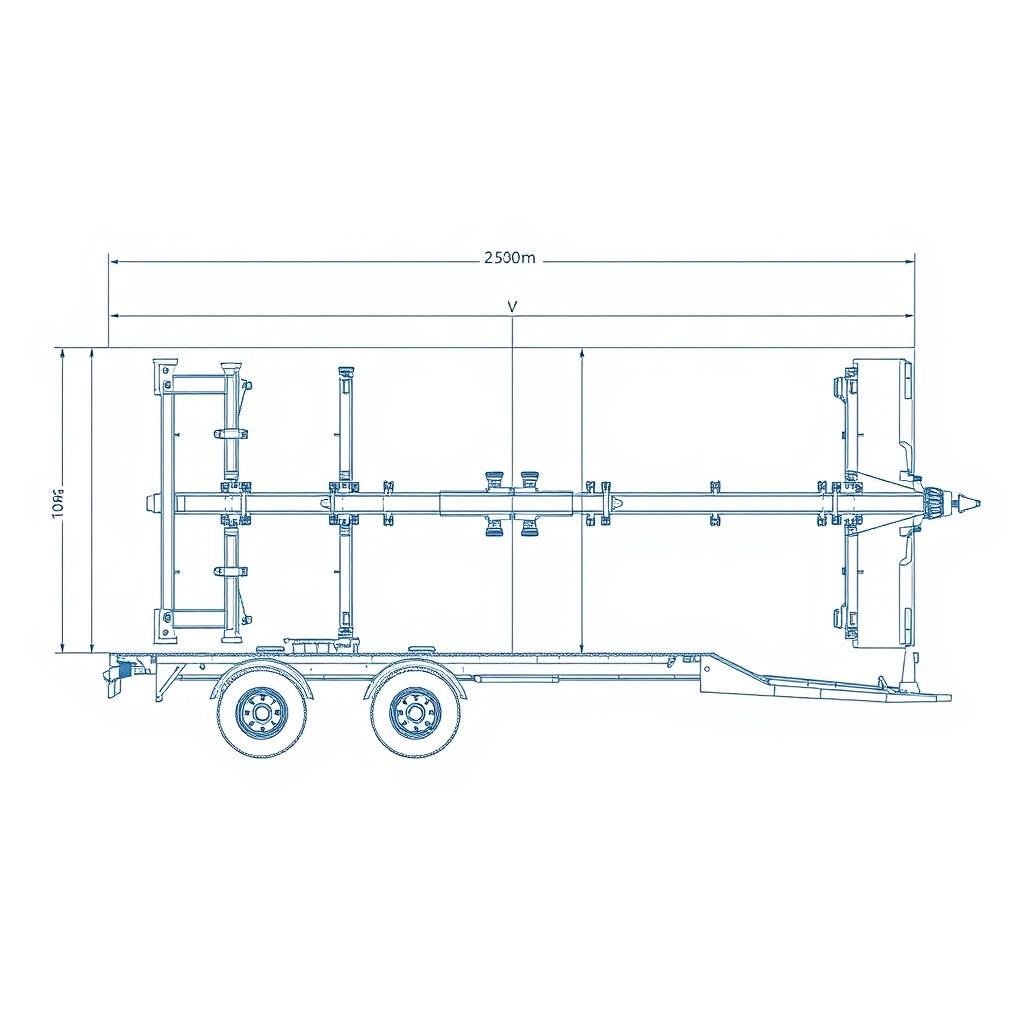 A detailed blueprint or technical drawing of a vehicle transport trailer chassis structure designed specifically for a width of 2