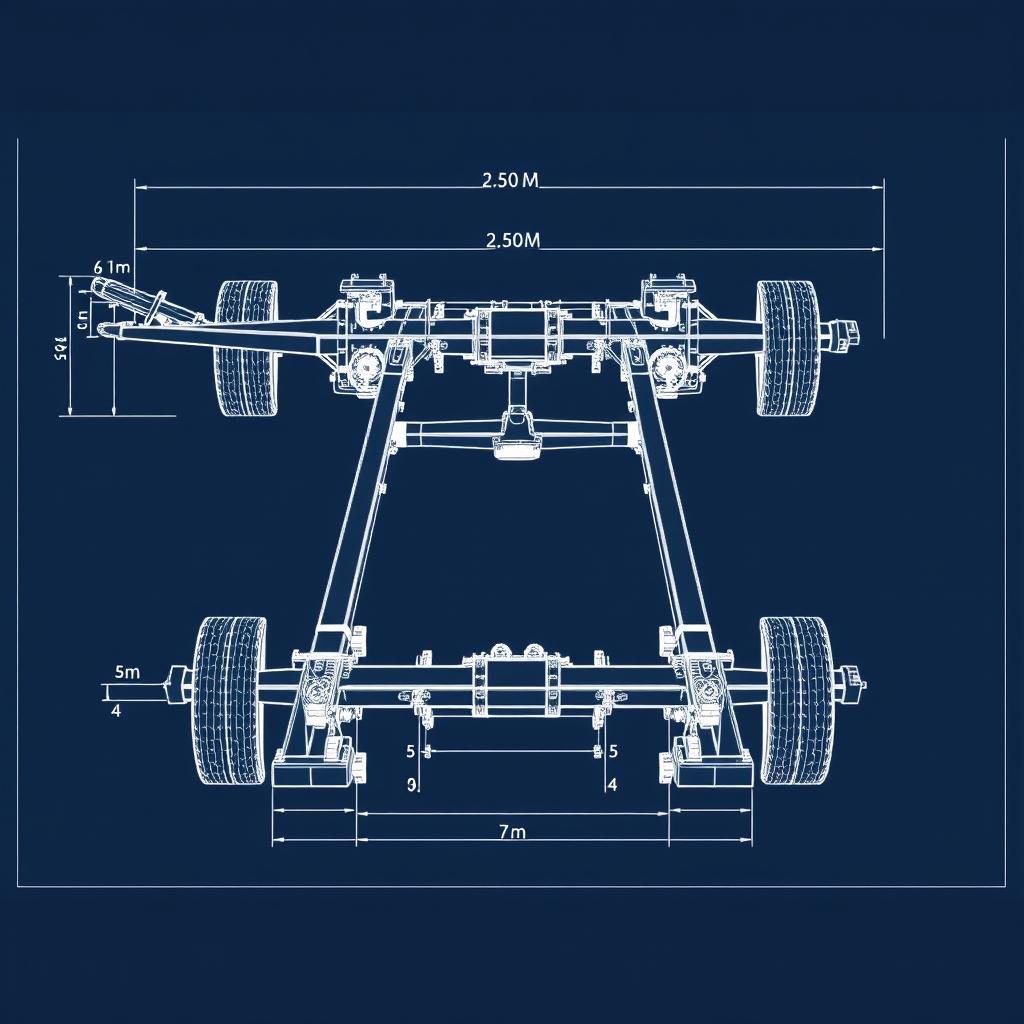 Detailed blueprint of a vehicle transport trailer chassis, measuring 2