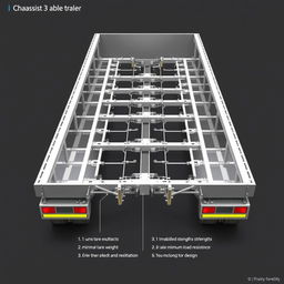 Chassis design for a three-axle trailer, measuring 9 meters in length and 2