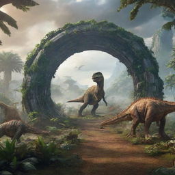 A futuristic time machine in the midst of activating, its portal showing a prehistoric landscape brimming with lush greenery and Jurassic-era dinosaurs.