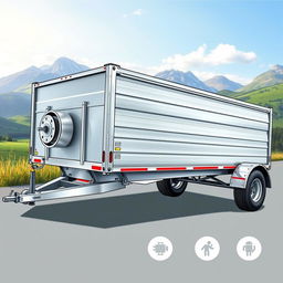 A detailed illustration of a three-axle trailer with a braking system, showcasing its robust structure and design