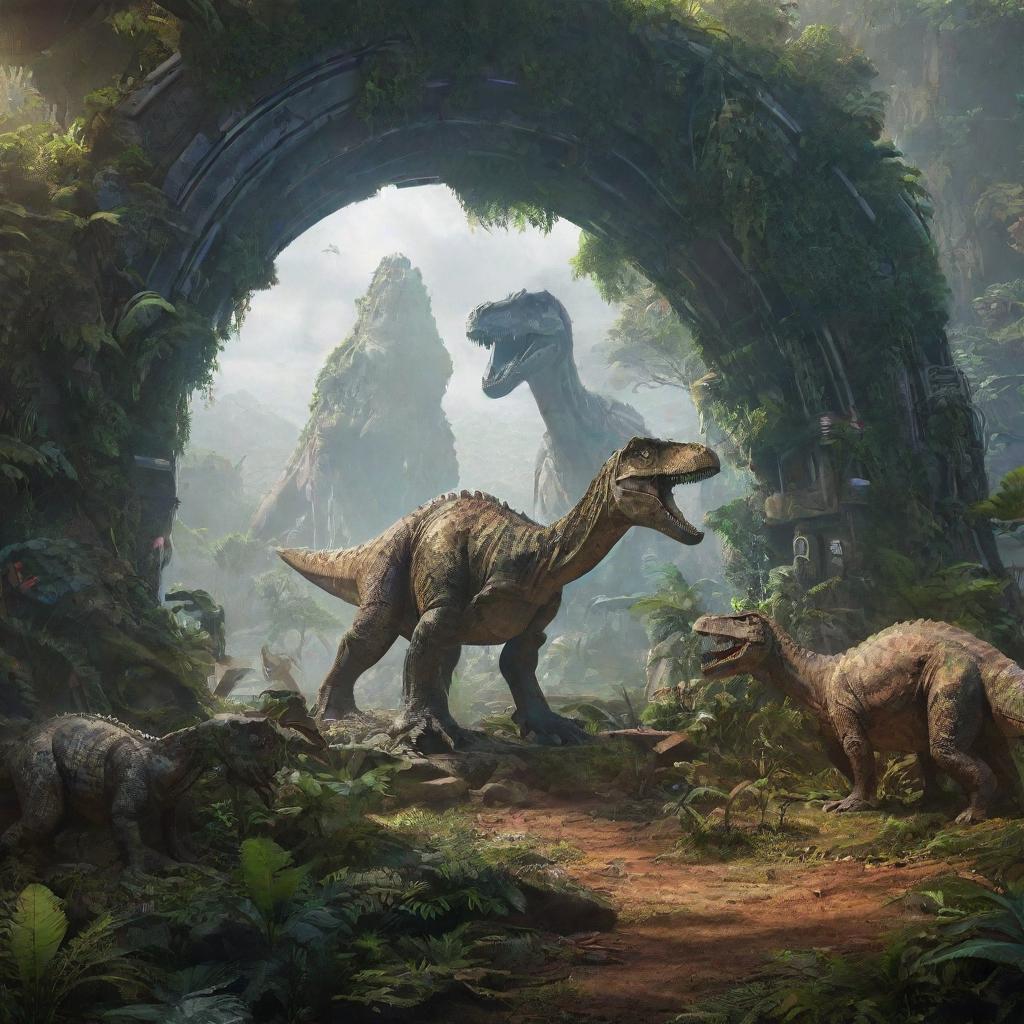 A futuristic time machine in the midst of activating, its portal showing a prehistoric landscape brimming with lush greenery and Jurassic-era dinosaurs.