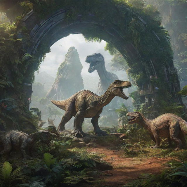 A futuristic time machine in the midst of activating, its portal showing a prehistoric landscape brimming with lush greenery and Jurassic-era dinosaurs.