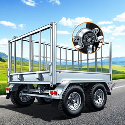 A detailed illustration of a three-axle trailer with a braking system, showcasing its robust structure and design