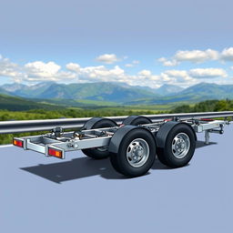 An intricate illustration of a three-axle trailer featuring a braking system, specifically designed with three axles positioned centrally within the chassis