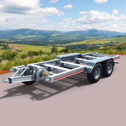 An intricate illustration of a three-axle trailer featuring a braking system, specifically designed with three axles positioned centrally within the chassis