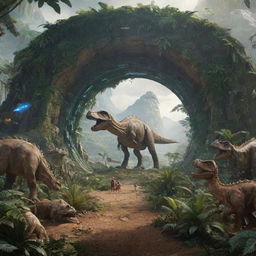 A futuristic time machine in the midst of activating, its portal showing a prehistoric landscape brimming with lush greenery and Jurassic-era dinosaurs.