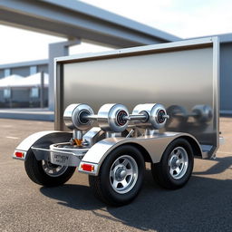 An intricate illustration of a three-axle trailer featuring a central braking system with three axles positioned in the middle of the chassis