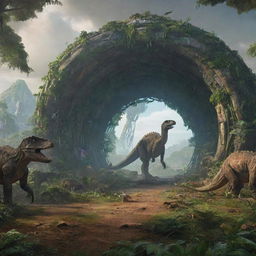 A futuristic time machine in the midst of activating, its portal showing a prehistoric landscape brimming with lush greenery and Jurassic-era dinosaurs.