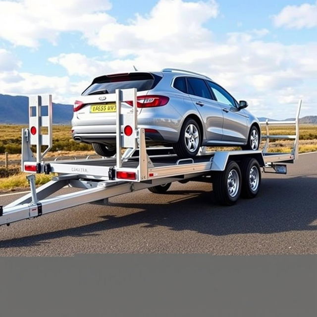 A realistic depiction of a three-axle trailer designed specifically for cars, with a weight capacity of only 3500 kg