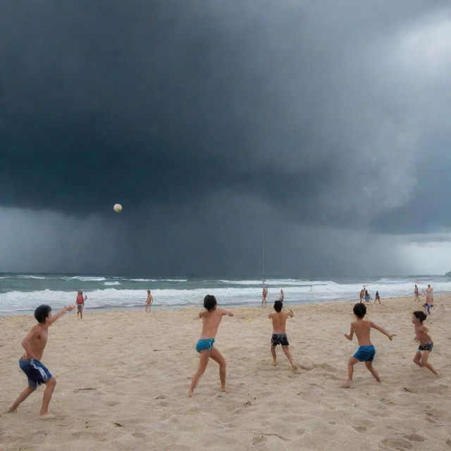 Youthful exuberance contrasted by nature's fury, with children thoroughly enjoying a beach volleyball game, while a fearsome hybrid of a typhoon-tornado wildly spirals in the backdrop.